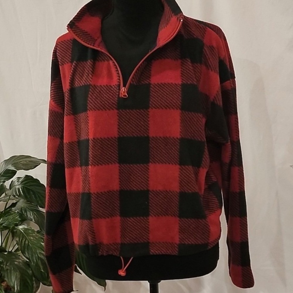 Cozie by Pink‎ Rose Red Black Buffalo Plaid Quarter Zip Fleece Pullover Large